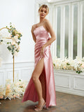 Sheath/Column Silk like Satin Ruched Spaghetti Straps Sleeveless Floor-Length Bridesmaid Dresses Formal Evening Dress