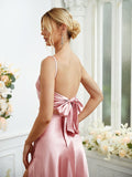 Sheath/Column Silk like Satin Ruched Spaghetti Straps Sleeveless Floor-Length Bridesmaid Dresses Formal Evening Dress