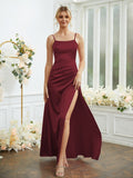 Sheath/Column Silk like Satin Ruched Spaghetti Straps Sleeveless Floor-Length Bridesmaid Dresses Formal Evening Dress