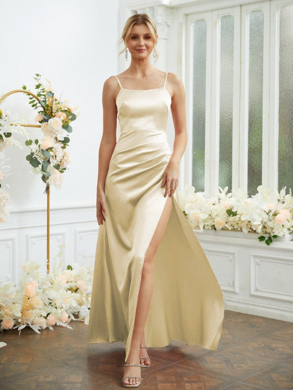 Sheath/Column Silk like Satin Ruched Spaghetti Straps Sleeveless Floor-Length Bridesmaid Dresses Formal Evening Dress