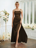Sheath/Column Silk like Satin Ruched Spaghetti Straps Sleeveless Floor-Length Bridesmaid Dresses Formal Evening Dress