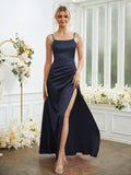 Sheath/Column Silk like Satin Ruched Spaghetti Straps Sleeveless Floor-Length Bridesmaid Dresses Formal Evening Dress