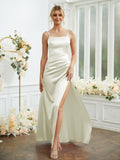 Sheath/Column Silk like Satin Ruched Spaghetti Straps Sleeveless Floor-Length Bridesmaid Dresses Formal Evening Dress