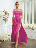 Sheath/Column Silk like Satin Ruched Spaghetti Straps Sleeveless Floor-Length Bridesmaid Dresses Formal Evening Dress