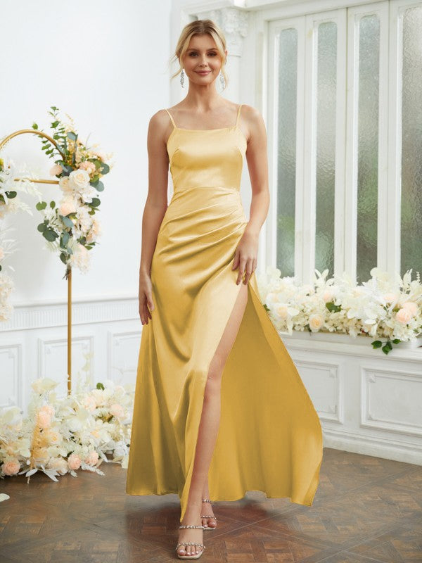 Sheath/Column Silk like Satin Ruched Spaghetti Straps Sleeveless Floor-Length Bridesmaid Dresses Formal Evening Dress