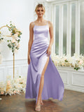 Sheath/Column Silk like Satin Ruched Spaghetti Straps Sleeveless Floor-Length Bridesmaid Dresses Formal Evening Dress