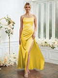 Sheath/Column Silk like Satin Ruched Spaghetti Straps Sleeveless Floor-Length Bridesmaid Dresses Formal Evening Dress