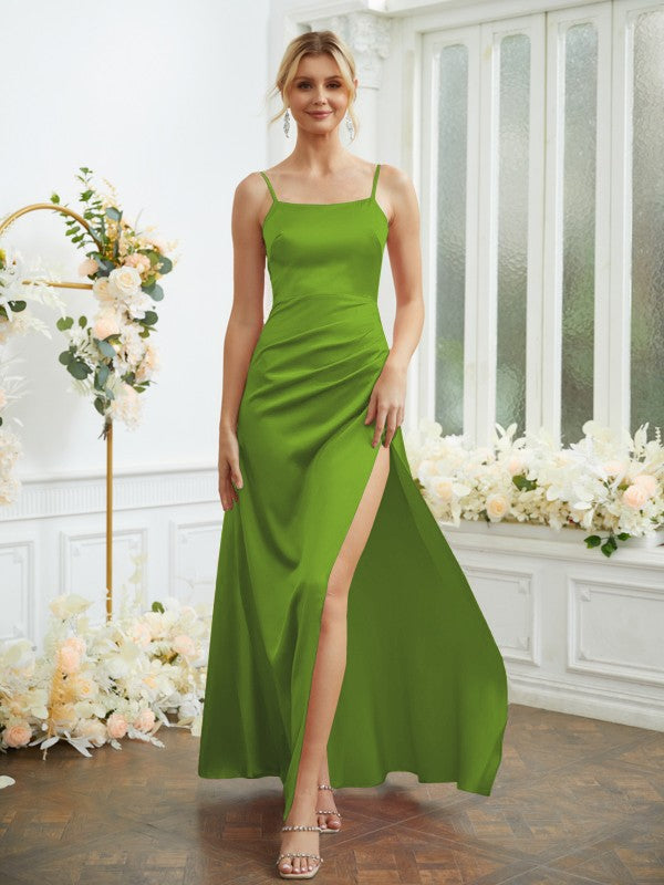 Sheath/Column Silk like Satin Ruched Spaghetti Straps Sleeveless Floor-Length Bridesmaid Dresses Formal Evening Dress