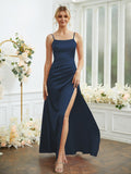 Sheath/Column Silk like Satin Ruched Spaghetti Straps Sleeveless Floor-Length Bridesmaid Dresses Formal Evening Dress