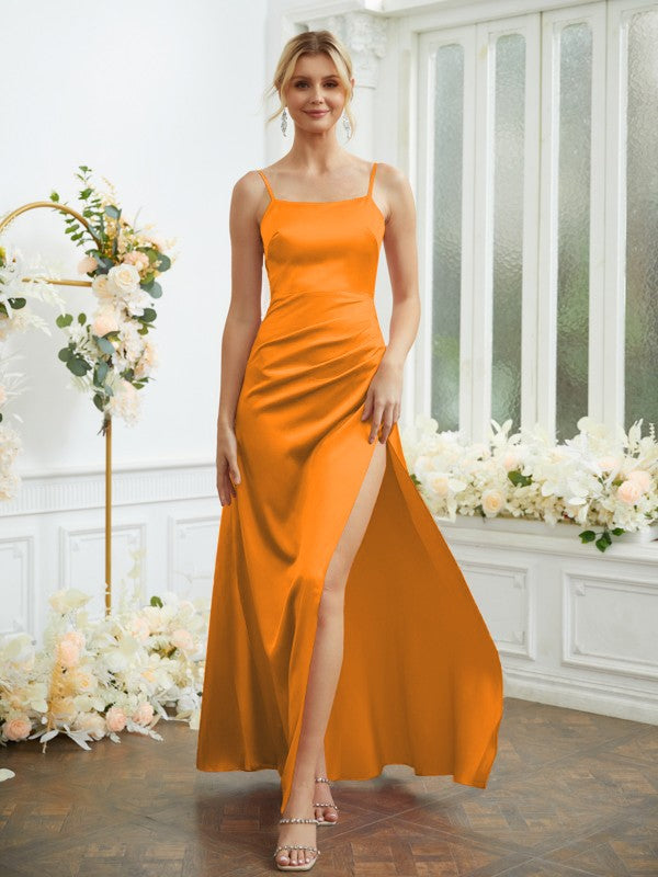Sheath/Column Silk like Satin Ruched Spaghetti Straps Sleeveless Floor-Length Bridesmaid Dresses Formal Evening Dress