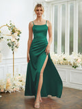 Sheath/Column Silk like Satin Ruched Spaghetti Straps Sleeveless Floor-Length Bridesmaid Dresses Formal Evening Dress
