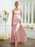 Sheath/Column Silk like Satin Ruched Spaghetti Straps Sleeveless Floor-Length Bridesmaid Dresses Formal Evening Dress