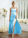 Sheath/Column Silk like Satin Ruched Spaghetti Straps Sleeveless Floor-Length Bridesmaid Dresses Formal Evening Dress