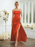 Sheath/Column Silk like Satin Ruched Spaghetti Straps Sleeveless Floor-Length Bridesmaid Dresses Formal Evening Dress