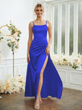 Sheath/Column Silk like Satin Ruched Spaghetti Straps Sleeveless Floor-Length Bridesmaid Dresses Formal Evening Dress