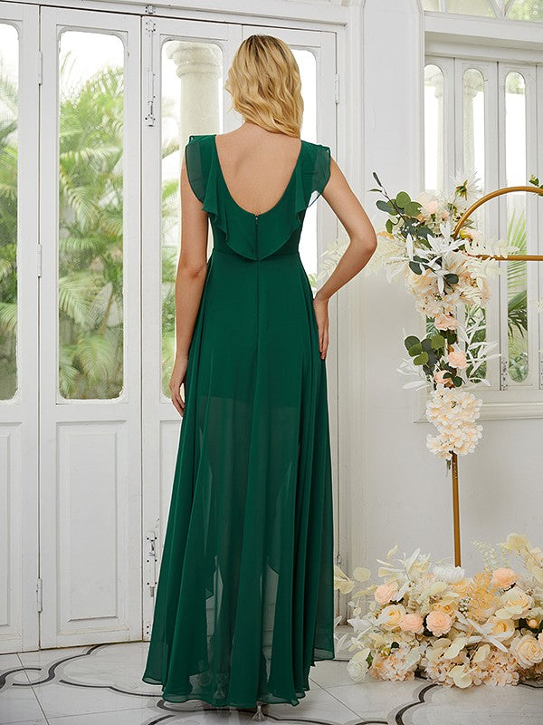 Vestidos de dama de honor asimétricos, sin mangas, de gasa, con escote en V fruncido y corte princesa