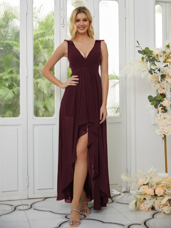 Vestidos de dama de honor asimétricos, sin mangas, de gasa, con escote en V fruncido y corte princesa