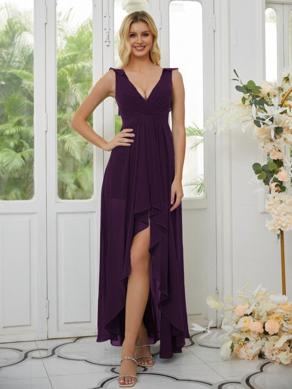 Vestidos de dama de honor asimétricos, sin mangas, de gasa, con escote en V fruncido y corte princesa