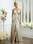 A-Line/Princess Silk like Satin V-neck Sleeveless Floor-Length Bridesmaid Dresses Formal Evening Dress