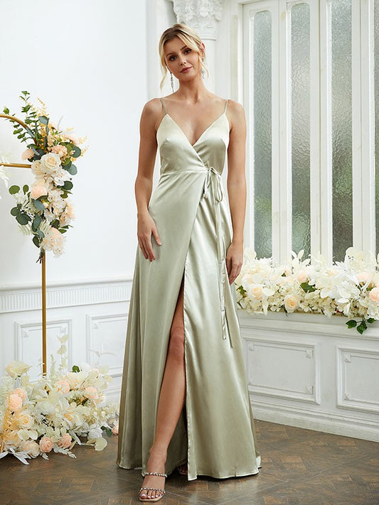 A-Line/Princess Silk like Satin V-neck Sleeveless Floor-Length Bridesmaid Dresses Formal Evening Dress