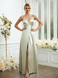 A-Line/Princess Silk like Satin V-neck Sleeveless Floor-Length Bridesmaid Dresses Formal Evening Dress