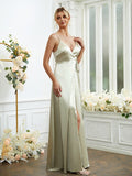 A-Line/Princess Silk like Satin V-neck Sleeveless Floor-Length Bridesmaid Dresses Formal Evening Dress
