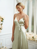 A-Line/Princess Silk like Satin V-neck Sleeveless Floor-Length Bridesmaid Dresses Formal Evening Dress