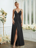 A-Line/Princess Silk like Satin V-neck Sleeveless Floor-Length Bridesmaid Dresses Formal Evening Dress