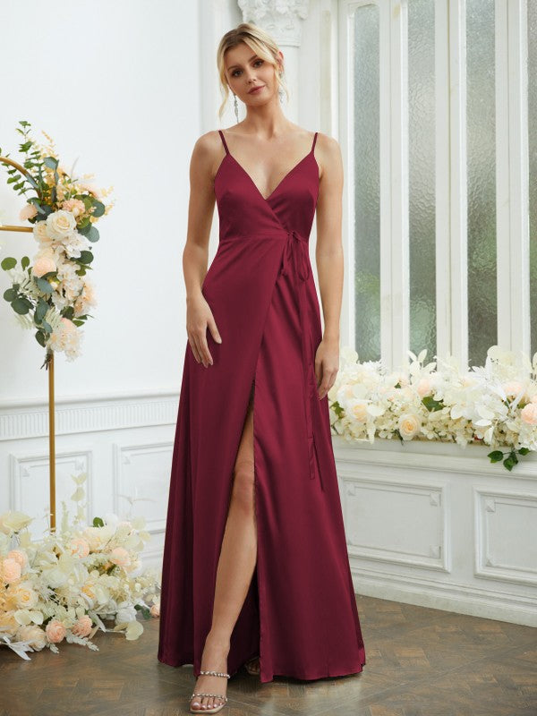 A-Line/Princess Silk like Satin V-neck Sleeveless Floor-Length Bridesmaid Dresses Formal Evening Dress