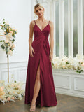 A-Line/Princess Silk like Satin V-neck Sleeveless Floor-Length Bridesmaid Dresses Formal Evening Dress
