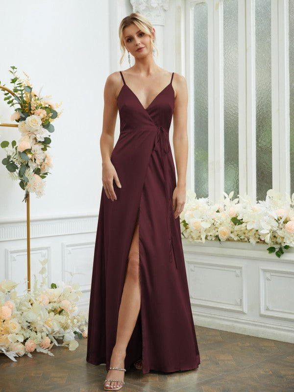 A-Line/Princess Silk like Satin V-neck Sleeveless Floor-Length Bridesmaid Dresses Formal Evening Dress