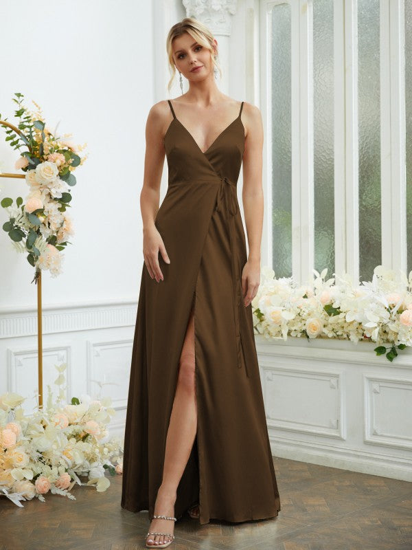 A-Line/Princess Silk like Satin V-neck Sleeveless Floor-Length Bridesmaid Dresses Formal Evening Dress