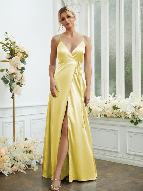 A-Line/Princess Silk like Satin V-neck Sleeveless Floor-Length Bridesmaid Dresses Formal Evening Dress