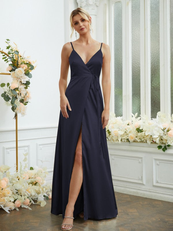 A-Line/Princess Silk like Satin V-neck Sleeveless Floor-Length Bridesmaid Dresses Formal Evening Dress