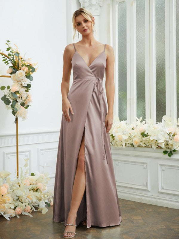A-Line/Princess Silk like Satin V-neck Sleeveless Floor-Length Bridesmaid Dresses Formal Evening Dress