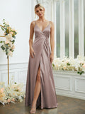 A-Line/Princess Silk like Satin V-neck Sleeveless Floor-Length Bridesmaid Dresses Formal Evening Dress