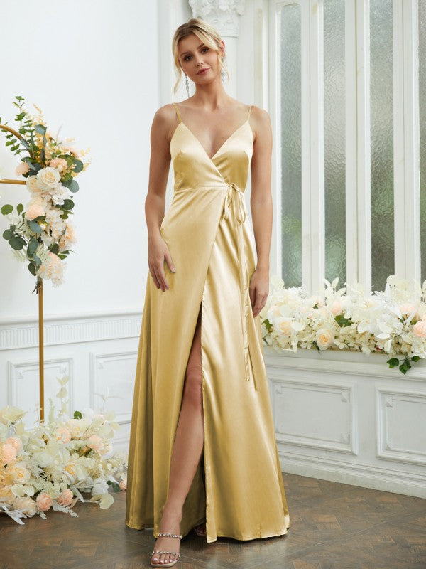 A-Line/Princess Silk like Satin V-neck Sleeveless Floor-Length Bridesmaid Dresses Formal Evening Dress