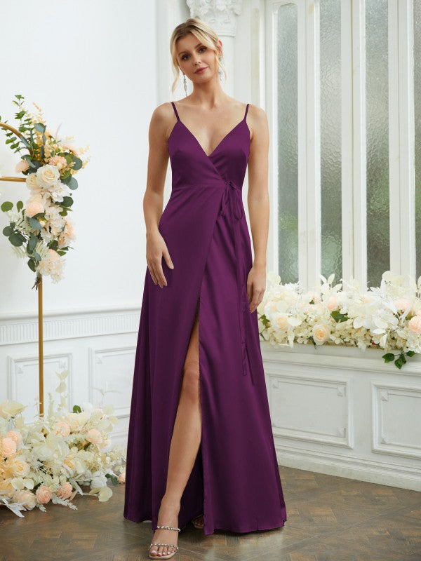 A-Line/Princess Silk like Satin V-neck Sleeveless Floor-Length Bridesmaid Dresses Formal Evening Dress