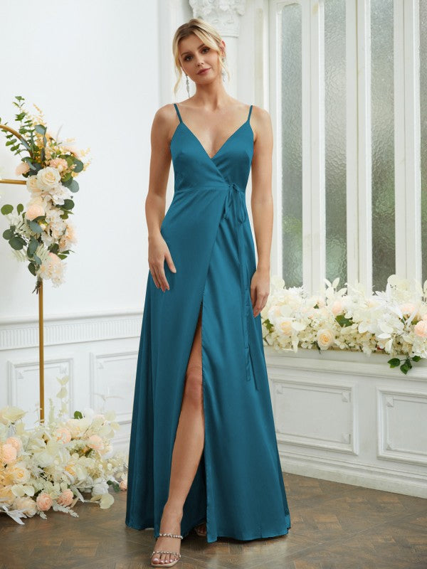 A-Line/Princess Silk like Satin V-neck Sleeveless Floor-Length Bridesmaid Dresses Formal Evening Dress