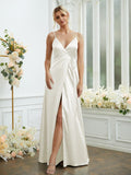 A-Line/Princess Silk like Satin V-neck Sleeveless Floor-Length Bridesmaid Dresses Formal Evening Dress