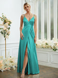 A-Line/Princess Silk like Satin V-neck Sleeveless Floor-Length Bridesmaid Dresses Formal Evening Dress