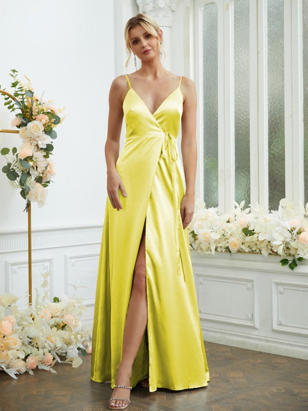 A-Line/Princess Silk like Satin V-neck Sleeveless Floor-Length Bridesmaid Dresses Formal Evening Dress
