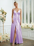 A-Line/Princess Silk like Satin V-neck Sleeveless Floor-Length Bridesmaid Dresses Formal Evening Dress