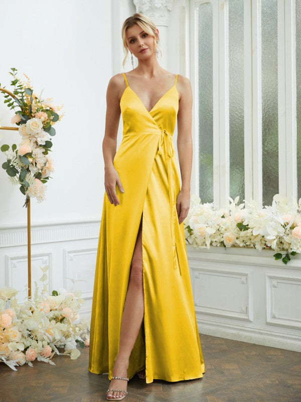 A-Line/Princess Silk like Satin V-neck Sleeveless Floor-Length Bridesmaid Dresses Formal Evening Dress