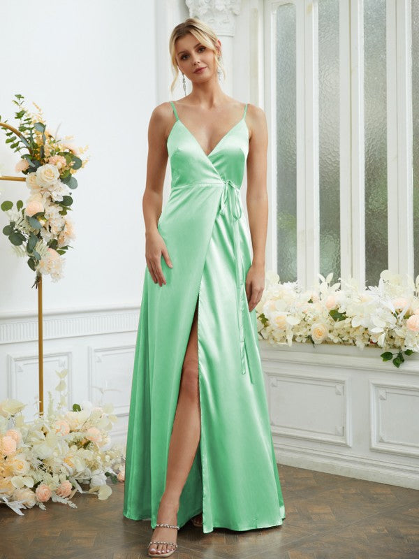 A-Line/Princess Silk like Satin V-neck Sleeveless Floor-Length Bridesmaid Dresses Formal Evening Dress