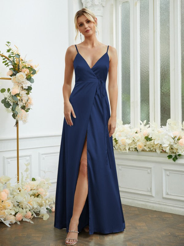 A-Line/Princess Silk like Satin V-neck Sleeveless Floor-Length Bridesmaid Dresses Formal Evening Dress