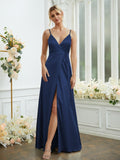A-Line/Princess Silk like Satin V-neck Sleeveless Floor-Length Bridesmaid Dresses Formal Evening Dress