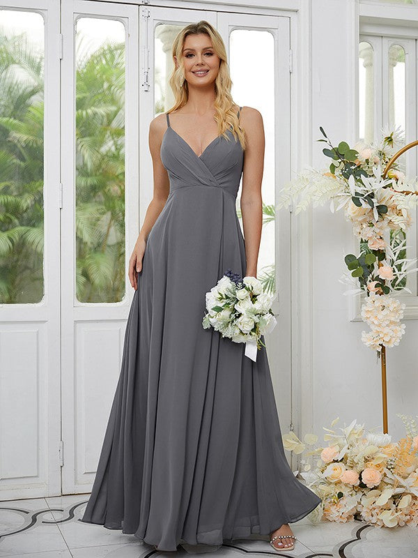 A-Line/Princess Chiffon Ruched V-neck Sleeveless Floor-Length Bridesmaid Dresses Formal Evening Dress