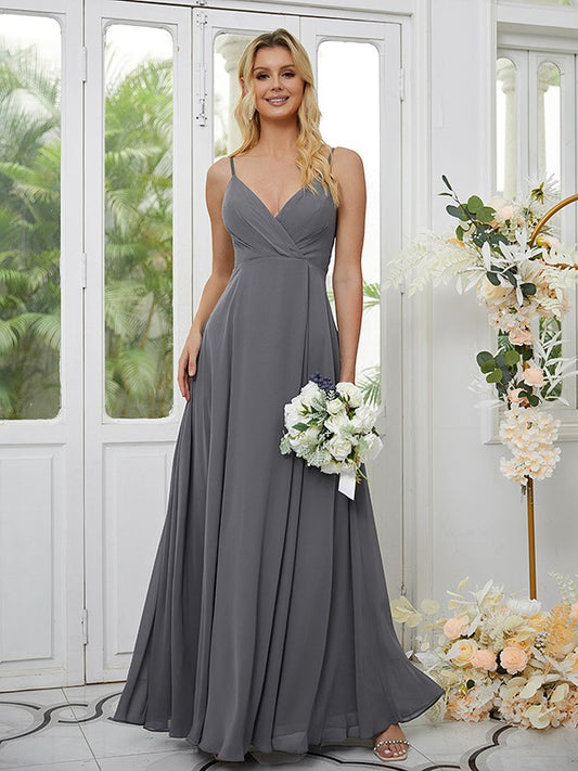 A-Line/Princess Chiffon Ruched V-neck Sleeveless Floor-Length Bridesmaid Dresses Formal Evening Dress