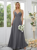 A-Line/Princess Chiffon Ruched V-neck Sleeveless Floor-Length Bridesmaid Dresses Formal Evening Dress